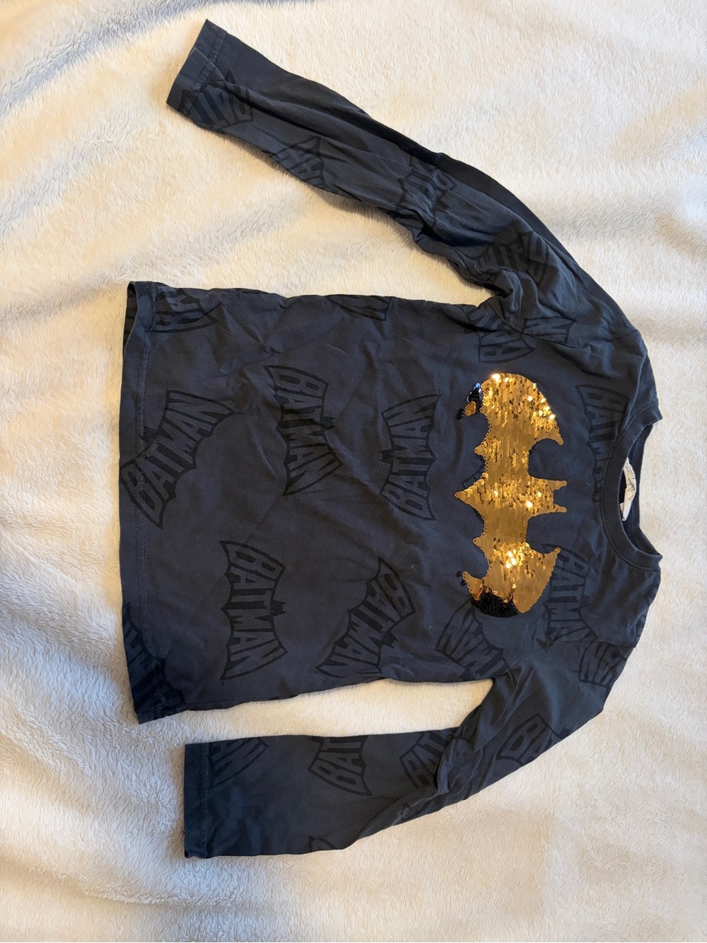 H&M Navy Long Sleeve Batman Tee with Gold Sequin Logo